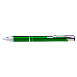 A green pen with silver accents and a clip, featuring a simple and sleek design.