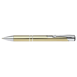 A gold pen with a silver clip and accents, featuring a sleek design and a logo.