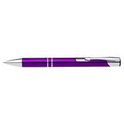 A purple pen with silver accents and a clip, featuring a glossy finish and sleek design.