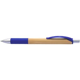 A bamboo pen with a blue rubber grip and a blue clip, featuring a silver tip and branding.