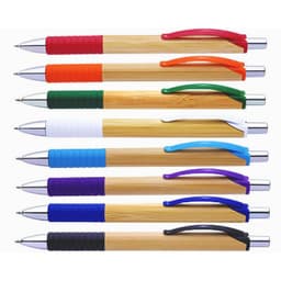 A row of bamboo pens in various colours, featuring blue, green, purple, orange, red, and black accents.