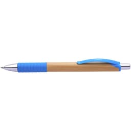 A bamboo pen featuring a blue rubber grip and a blue clip. It has a shiny silver nib and barrel.