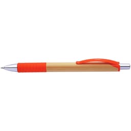 A bamboo pen with an orange grip and clip, featuring a shiny silver tip and accents. It has a logo on the barrel.