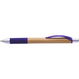A pen with a bamboo barrel and a purple rubber grip, featuring a silver nib and a clip.
