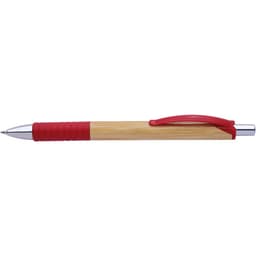 A bamboo pen with a red rubber grip and red clip. It features a silver point and a sleek design.
