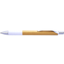 A bamboo pen with a white grip and chrome accents, featuring a clip for attachment.