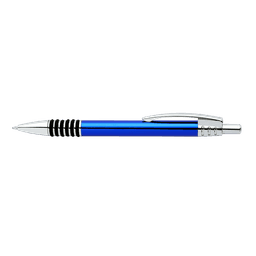 A blue pen with silver accents and a textured grip, featuring a logo on the side.