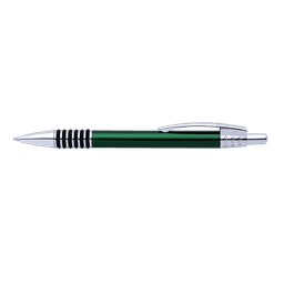 A green pen with a silver clip and accents, featuring a textured grip and a logo.