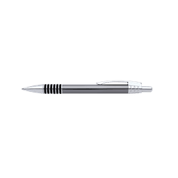 A silver pen with a sleek design featuring a chrome clip and black detailing along the barrel.