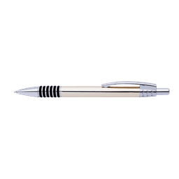 A silver and black pen with a chrome clip and textured grip. It features a branding logo.