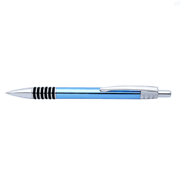 A blue pen with silver accents and a textured grip, featuring a clip and a shiny barrel, has a logo.