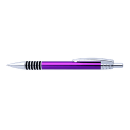 A purple pen with a silver clip and striped grip, featuring a shiny finish and a sleek design.