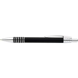 A black pen with silver accents and a textured grip. The pen features a clip and a decorative design element.