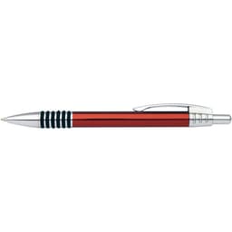 A red pen with a silver clip and grip, featuring a logo on the side.