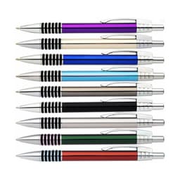 A set of ten pens in various colours including purple, blue, black, silver, and green, each with a silver trim.