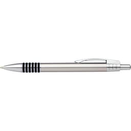 A silver pen with a black grip and chrome accents, featuring a button mechanism and a clip at the top.