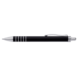 A black pen with silver accents and a clip. The pen has a sleek design.