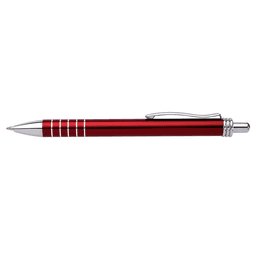 A red pen with a silver clip and accents, featuring a sleek design and a logo on the side.