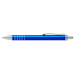 A blue pen with silver accents and a clip, featuring a sleek design and a decorative grip.