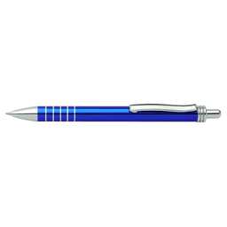 A blue pen with silver detailing, featuring a smooth barrel and a clip for attachment. It has a branding logo.
