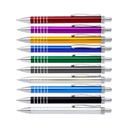 A row of ten pens in various colours: red, purple, orange, blue, green, black, silver, and white, featuring silver accents.