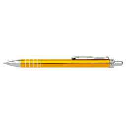 A pen with a sleek orange barrel and silver accents, featuring a clip and logo.