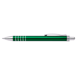 A green pen with a silver clip and decorative bands, featuring a logo.
