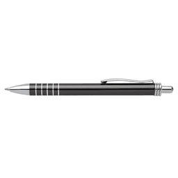A black pen with silver accents and a clip, featuring a sleek, polished design. It has a logo on the barrel.