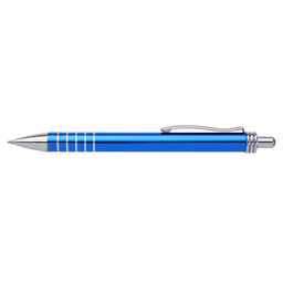 A blue pen with silver accents and a clip, featuring a sleek, shiny finish.