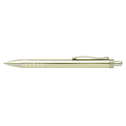 A sleek silver pen with a polished finish and a clip, featuring decorative ridges near the tip.