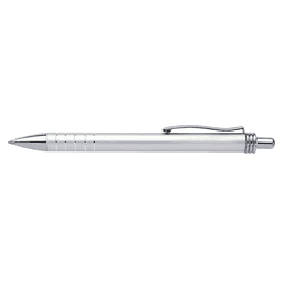 A silver pen with a chrome clip and accents, featuring a sleek design and a branding logo.