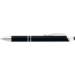 A matte black pen with silver accents and a clip, featuring a sleek, modern design.