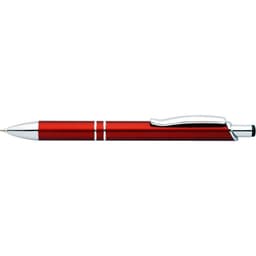A red matte pen with chrome detailing and a clip on the side. It features a sleek design and is capped.