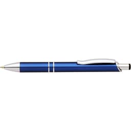 A blue matte pen with silver accents and a clip, featuring a sleek design and branding.