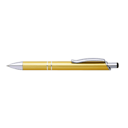 A matte yellow pen with a silver clip and accents, featuring a shiny tip and a sleek design.