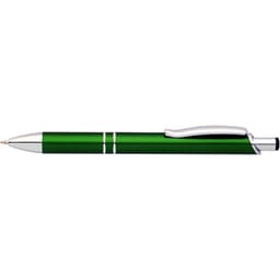 A green matte pen with silver accents and a clip, featuring a logo.