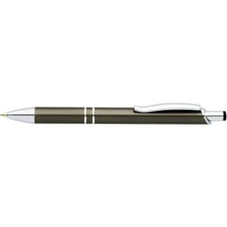 A matte grey pen with chrome accents and a clip, featuring a sleek, modern design.