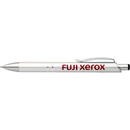 A matte white pen with a silver clip and a branding logo.
