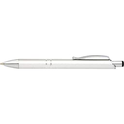 A matte silver pen with a chrome clip and tip, featuring a sleek design and a branding logo.