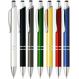 A set of seven matte pens in white, black, grey, green, yellow, red, and blue, with a silver clip and accents.