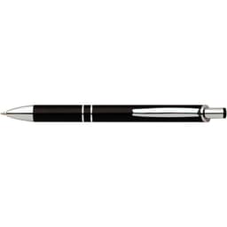 A shiny black pen with silver accents and a logo, featuring a classic design.
