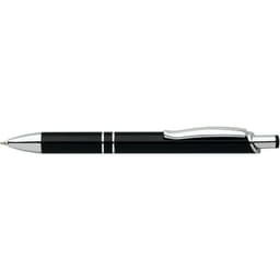 A shiny black pen with chrome accents, featuring a sleek design and clip for easy carrying.