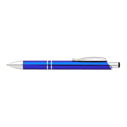 A shiny blue pen with silver accents and a clip, featuring decorative silver bands. It has a logo on its body.