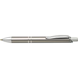 A shiny silver pen with a sleek design and a clip, featuring metallic accents.