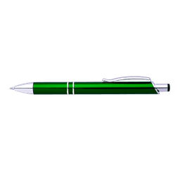 A shiny green pen with silver accents and a pocket clip, featuring a sleek design.