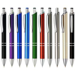 A group of shiny pens in various colours, including black, purple, blue, green, red, silver, and black. Each pen has a clip and logo.
