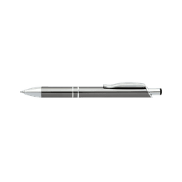 A shiny metallic pen with a silver finish and white accents, featuring a clip and a sleek design.