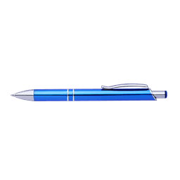 A shiny blue pen with silver accents and a clip. The pen has a sleek, modern design and branding.