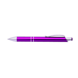 A shiny purple pen with silver accents and a clip. It features a sleek, modern design.