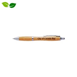 A bamboo pen with a shiny silver clip and a branding logo.